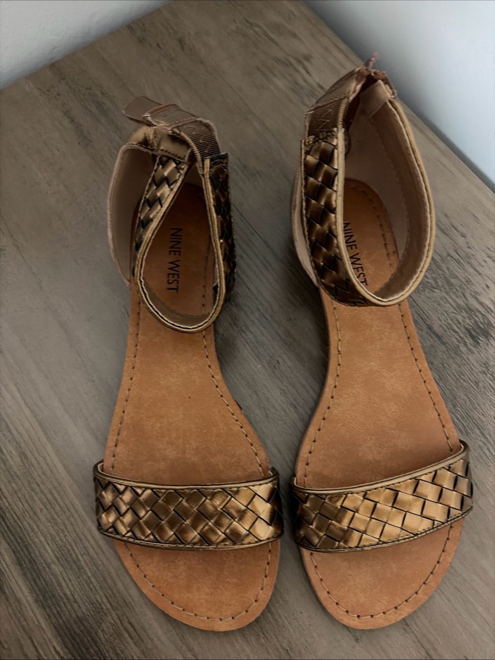 Nine West Metallic Bronze Braided Ankle Strap Sandals